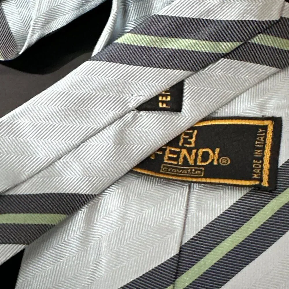 Fendi Silk Tie Necktie Neckwear Gray Silver Green Designer Striped Luxury